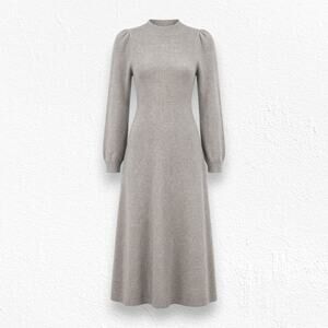 ba&sh Felicity Beige Wool Blend Puff Sleeve Midi Sweater Dress Size Large NWT
